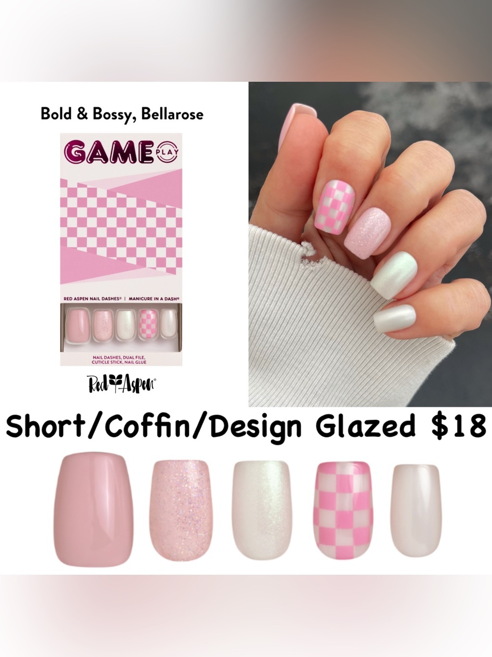Red Aspen Pink Checker & Pearl Press-On Nails - Women